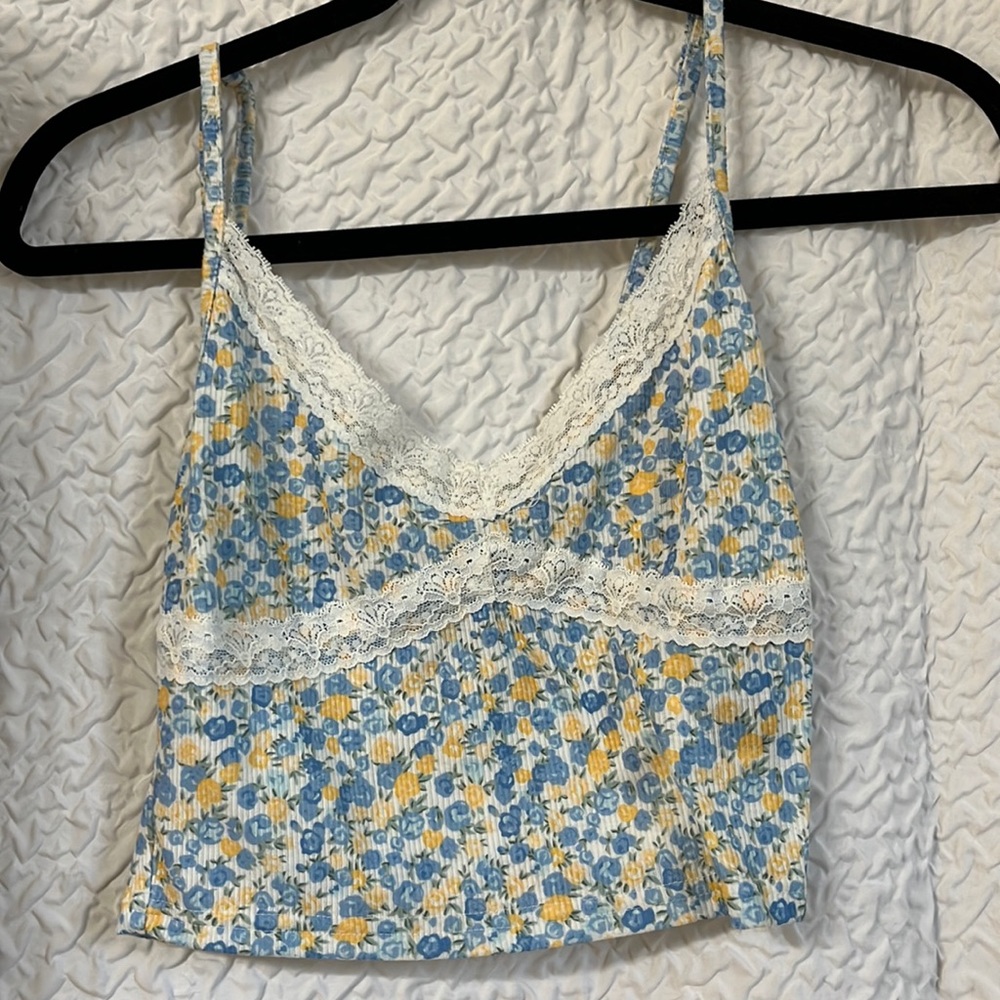 Blue & Yellow Floral crop tank top with lace
